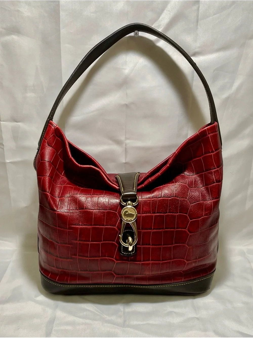 Dooney & Bourke Red Belvedere Crocodile Embossed Leather Logo Lock Hobo Bag